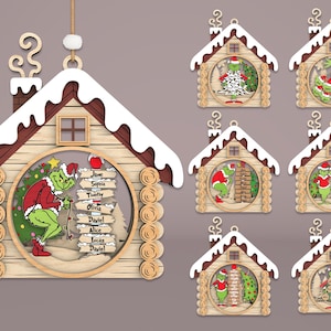 3D Layered Wooden House Grinch Family Christmas Ornament , Cozy Winter Cabin Ornament, Laser Cut Shadow Box Digital Download