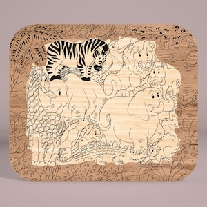 May include: A wooden puzzle featuring a variety of animals, including a zebra, lion, elephant, rhinoceros, turtle, and crocodile. The animals are all outlined in black and white against a woodgrain background.