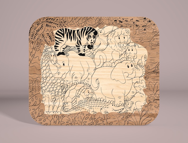 May include: A wooden puzzle featuring a variety of animals, including a zebra, lion, elephant, rhinoceros, turtle, and crocodile. The animals are all outlined in black and white against a woodgrain background.