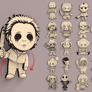 May include: Wooden cutouts of various horror movie characters, including Michael Myers holding a knife, and others like Chucky, Jason Voorhees, and Freddy Krueger. The cutouts are in a cartoon style, with a light wood finish and black outlines. The text "Shake my!" is also present.