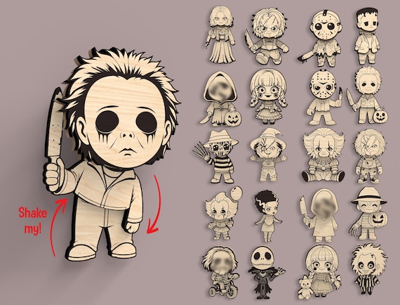 Chibi Horror Interactive Wiggle Magnet Laser Cut File, Cute Killer Magnet, Scary Characters Magnet, Halloween Svg, Instant Digital Download