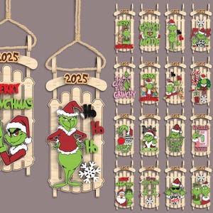 May include: Wooden Christmas ornaments shaped like sleds, featuring the Grinch character in various poses. Each ornament has the year 2025 and festive phrases like "Merry Grinchmas." The Grinch is depicted in his signature green color, wearing a Santa hat.