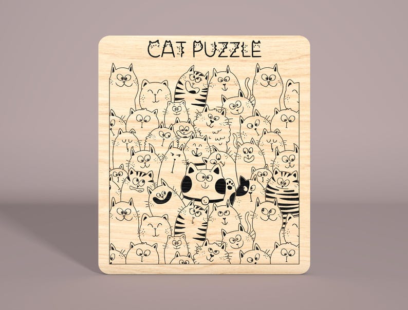 May include: A wooden puzzle featuring a black and white illustration of a group of cats with the text "CAT PUZZLE" at the top.