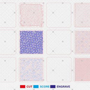 May include: A digital design file for a laser cutting project. The design features a repeating pattern of geometric shapes in blue, pink, and white. The file includes instructions for cutting, scoring, and engraving.