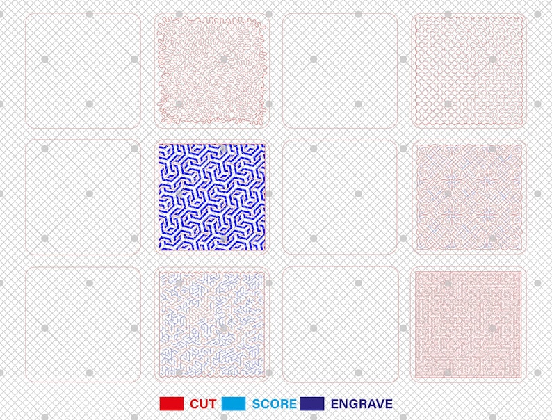 May include: A digital design file for a laser cutting project. The design features a repeating pattern of geometric shapes in blue, pink, and white. The file includes instructions for cutting, scoring, and engraving.