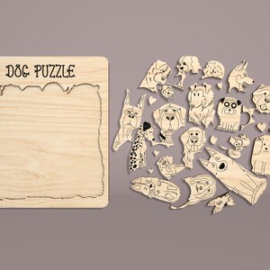 May include: A wooden puzzle with the words "Dog Puzzle" printed on the top. The puzzle is made up of various dog breeds, each with a unique design. The puzzle pieces are cut out in the shape of the dogs.