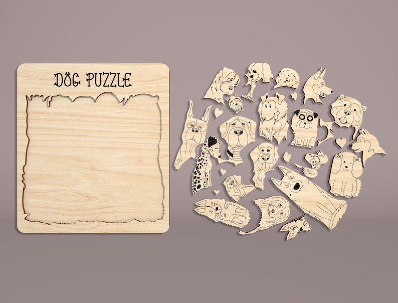 May include: A wooden puzzle with the words "Dog Puzzle" printed on the top. The puzzle is made up of various dog breeds, each with a unique design. The puzzle pieces are cut out in the shape of the dogs.