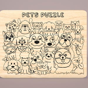 May include: A black and white wooden puzzle featuring a variety of animals, including dogs, cats, and a llama. The puzzle is titled "Pets Puzzle".