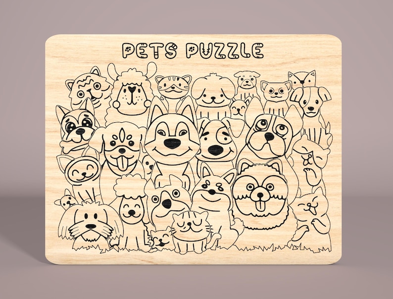 May include: A black and white wooden puzzle featuring a variety of animals, including dogs, cats, and a llama. The puzzle is titled "Pets Puzzle".