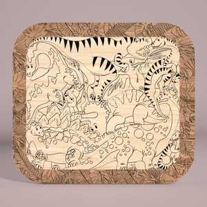 May include: A wooden coaster with a black and white line drawing of various dinosaurs surrounded by a leafy border.