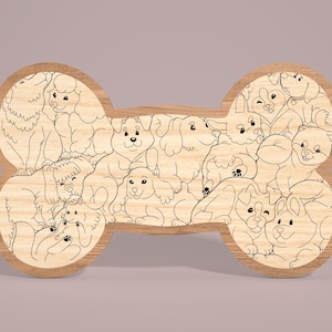 May include: A wooden bone-shaped sign with a black and white illustration of many dogs. The dogs are all different breeds and sizes, and they are all looking happy and playful.