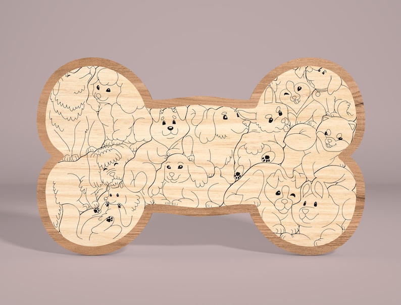May include: A wooden bone-shaped sign with a black and white illustration of many dogs. The dogs are all different breeds and sizes, and they are all looking happy and playful.