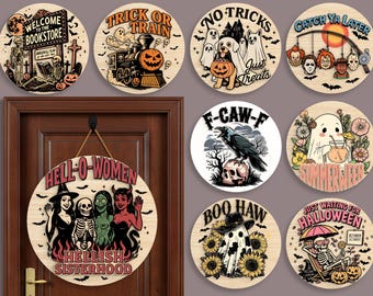 Halloween Door Sign SVG Bundle, Funny Laser Cut Round Wood Sign Files, Spooky Glowforge SVG, Fall Decor SVG for Porch or Entryway