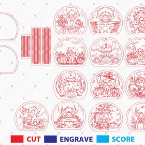May include: Red laser cut designs featuring the character Stitch in various scenes, including Halloween and tropical settings. The designs are in a circular frame, with additional rectangular and semi-circular cutouts. The image also includes color-coded labels for cutting, engraving, and scoring.