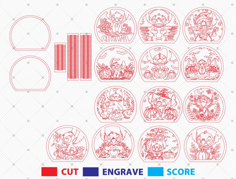 May include: Red laser cut designs featuring the character Stitch in various scenes, including Halloween and tropical settings. The designs are in a circular frame, with additional rectangular and semi-circular cutouts. The image also includes color-coded labels for cutting, engraving, and scoring.