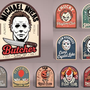 Halloween Shelf SItter Signs Svg, Scary Movie Signs, Lasercut file  Svg, Horror Movie Signs, Halloween Tiered Tray, Halloween Laser Cut