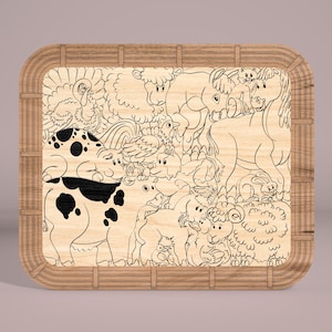 May include: A wooden tray with a black and white line drawing of farm animals, including a pig, sheep, chickens, and a turkey. The tray has a wood grain pattern and a woven border.