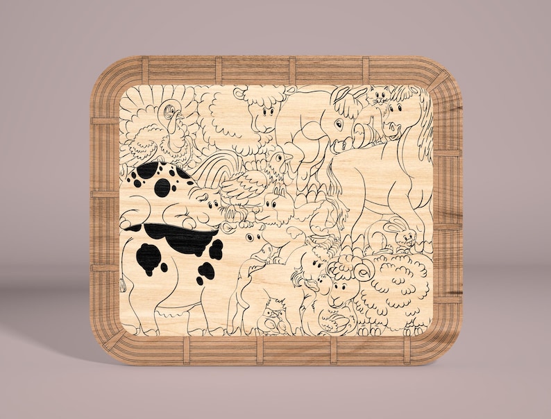 May include: A wooden tray with a black and white line drawing of farm animals, including a pig, sheep, chickens, and a turkey. The tray has a wood grain pattern and a woven border.