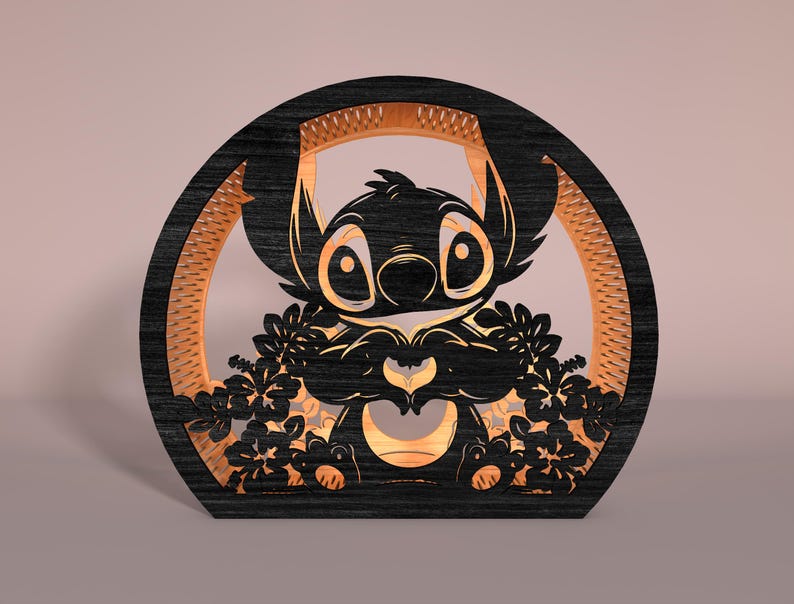 May include: A wooden, laser-cut decorative piece featuring a cartoon character. The design showcases a black silhouette of the character surrounded by a light-colored frame and floral accents. The character is holding a heart shape with its hands.