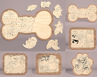 Educational kids animal puzzle svg laser cut file Glowforge, kids puzzle laser Digital download,  3D laser cut puzzle SVG,  animal puzzles