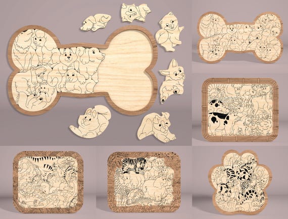 Educational kids animal puzzle svg laser cut file Glowforge, kids puzzle laser Digital download,  3D laser cut puzzle SVG,  animal puzzles