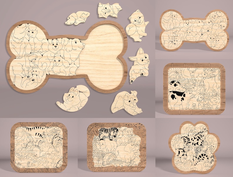 May include: A wooden puzzle featuring a bone-shaped piece with a variety of dog breeds inside. The puzzle includes several smaller pieces that fit into the bone, including a dog, a cat, and a paw print.