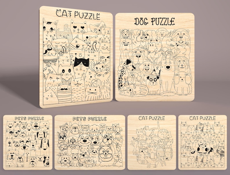 May include: Six wooden puzzle pieces with black and white illustrations of cats and dogs. The pieces are labeled "Cat Puzzle", "Dog Puzzle", and "Pets Puzzle".