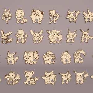 May include: A collection of wooden cutouts featuring various Pok&eacute;mon characters. Each cutout is intricately designed with detailed features and a natural wood finish. The collection includes popular characters like Pikachu and others, perfect for crafting or decoration.