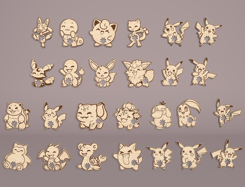 May include: A collection of wooden cutouts featuring various Pok&eacute;mon characters. Each cutout is intricately designed with detailed features and a natural wood finish. The collection includes popular characters like Pikachu and others, perfect for crafting or decoration.