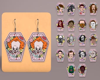 Coffin Shaped Horror Earrings SVG, Spooky Laser Cut Earring File, Cute Creepy Jewelry Glowforge File, Halloween Wood Dangle Earrings