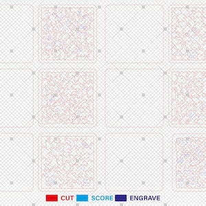 以下が含まれることがあります： レーザーカットプロジェクト用のデジタルデザインファイル。デザインは9つの正方形のグリッドで構成され、それぞれに複雑な形状と線の複雑なパターンが含まれています。デザインはレーザーカッターでカットすることを目的としており、ファイルにはカットと彫刻の指示が含まれています。