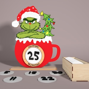 Grinchmas Countdown Standing Laser Cut File Svg, Giorni fino a Natale Svg, Conto alla rovescia dei personaggi natalizi Svg, Calendario di Natale, Cartello in legno Svg