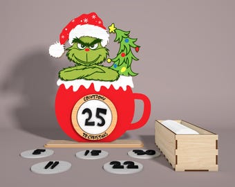 Grinchmas Countdown Standing Laser Cut File Svg,Days Untill Christmas Svg,Christmas Character Countdown Svg,Christmas Calendar,Wood Sign Svg