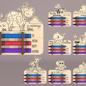 Tier Buntstift-Halter-Valentinstagskarte SVG, niedlicher Tier-Halter-Svg, glücklicher Valentinstag svg, Kinder Valentinsgrüßen, DIY Holz Zeichnung Kit