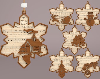 Archivo SVG para corte láser de adornos navideños, adornos SVG de escenas del Nacimiento, adornos SVG de villancicos, adornos SVG de partituras musicales, archivo SVG para Glowforge