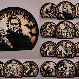 Horror Movie Layered SVG, Halloween Laser Cut File, Scary Characters Sign, Michael Myers Freddy Jason Chucky Glowforge File