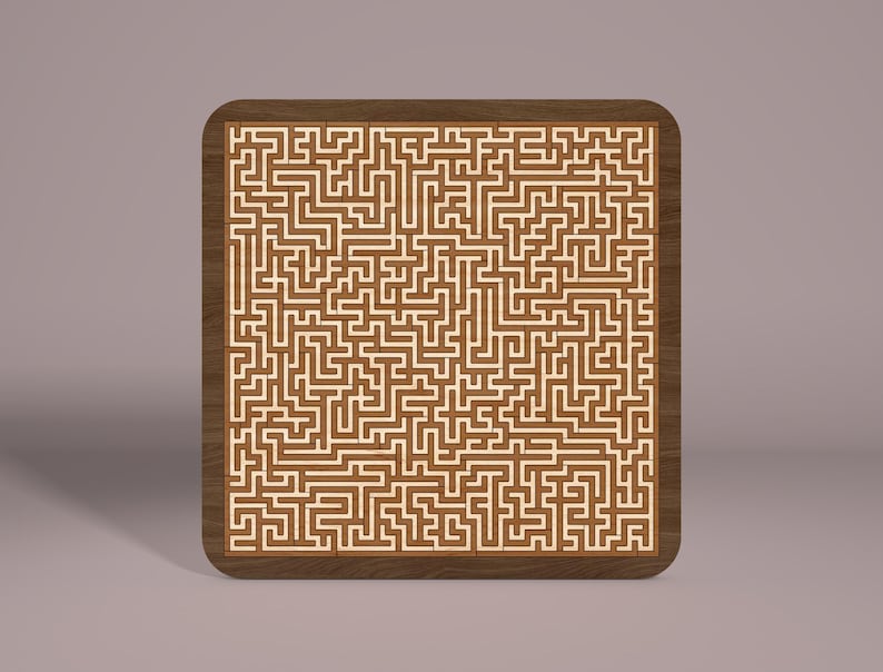 May include: A wooden maze puzzle with a brown frame and a white intricate maze design.
