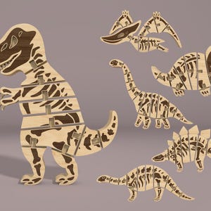Grappige cartoon dinosaurusfossiel flexibel scharnierend speelgoed lasergesneden, beweegbare houten figuur, perfect knutselcadeau voor kinderen en volwassenen, houten speelgoed