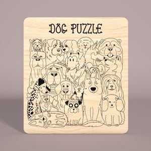 May include: A wooden puzzle featuring a black and white illustration of a group of dogs. The puzzle is titled "Dog Puzzle".