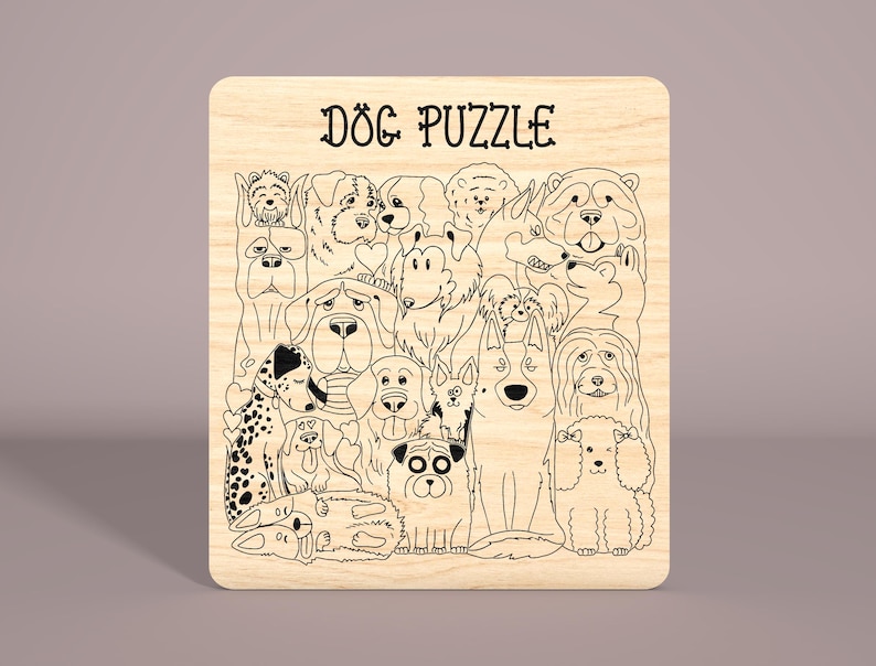 May include: A wooden puzzle featuring a black and white illustration of a group of dogs. The puzzle is titled "Dog Puzzle".
