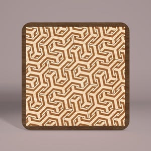 May include: A wooden coaster with a geometric pattern of brown and white lines. The coaster is square and has a dark brown border.