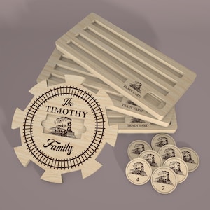 May include: Wooden train-themed game set with a light wood finish. Includes a large circular piece with "The Timothy Family" text, train track design, and train graphic. Also features rectangular trays and numbered tokens.