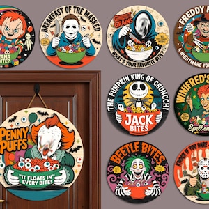 Horror Character Cereal Door Sign, Lasercut file Funny Cereal Killers Round Door Hanger, Horror Movie Characters Sign, Scary Movies Svg