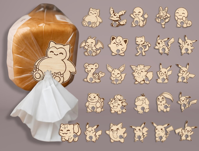 May include: Wooden Pokemon-themed bag clips and a bread bag clip. The clips feature various Pokemon characters in a light brown color. The bread clip is attached to a white paper bag. The background is a solid gray.