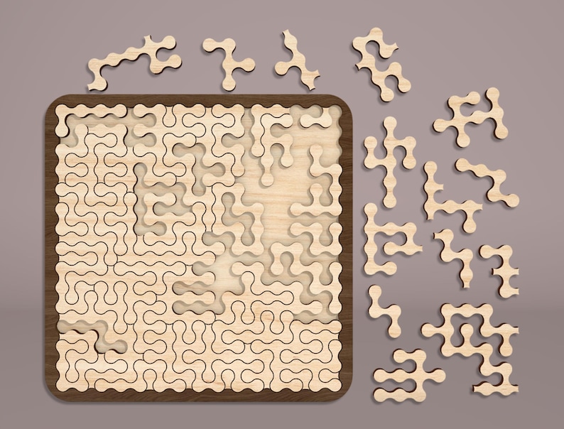 May include: A wooden jigsaw puzzle with a brown frame and a light brown background. The puzzle is made up of many small, interlocking pieces that are shaped like a series of connected circles. The puzzle is missing some pieces, which are scattered around the frame.