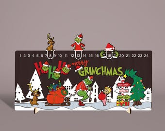 SVG de "Días hasta Navidad", SVG de cuenta regresiva deslizante del Grinchmas, SVG de archivo de corte láser para calendario navideño, SVG de cuenta regresiva de pie "Feliz Navidad Grinchmas"