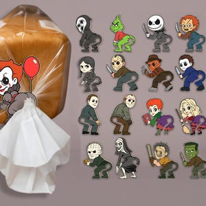 May include: A collection of cartoon stickers featuring various horror movie characters, each holding a knife. The stickers are in a squatting position. A loaf of bread with a cartoon Pennywise sticker is also visible.