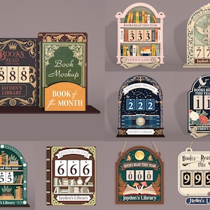 Könnte beinhalten: Eine Sammlung dekorativer Zähler im Buchstil mit den Texten "Books Read This Year" und "Jayden's Library". Jeder Zähler zeigt eine andere Zahl von 000 bis 999 an und verfügt über einzigartige Designs mit Bücherregalen, Eulen und floralen Elementen.