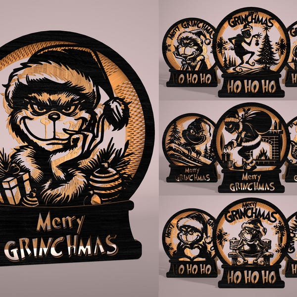 Grinchmas houten lantaarn SVG-bundel, Merry Grinchmas lasergesneden bestanden, kerst gelaagd houtdecor, Grinch Xmas Ornament Glowforge SVG