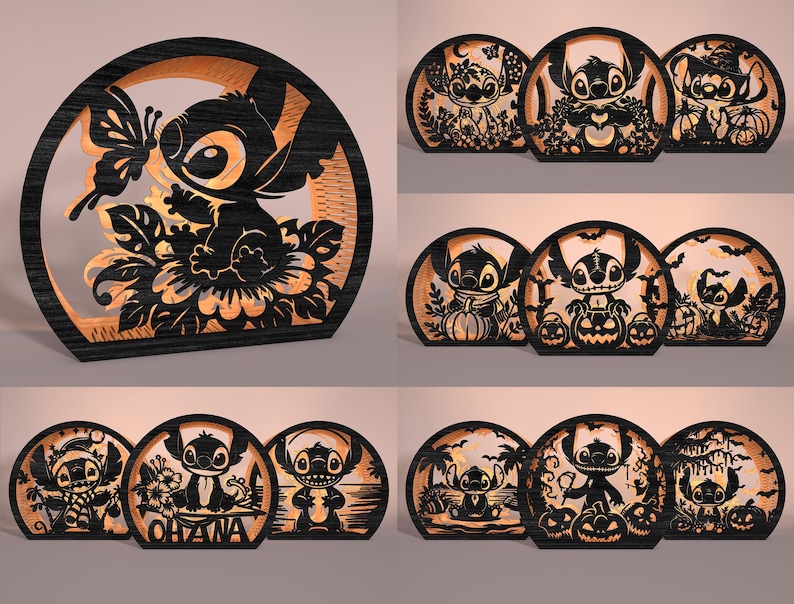 May include: Wooden laser-cut decorative lights featuring the character Stitch from Lilo & Stitch. The designs include Stitch with a butterfly, and various Halloween and tropical themes. The lights have a black frame with an orange glow.